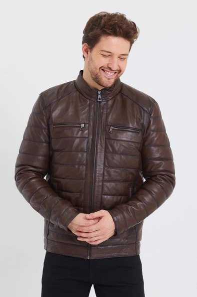 Şişme Model İç Cepli Fındık Renk Erkek Deri Mont - 12