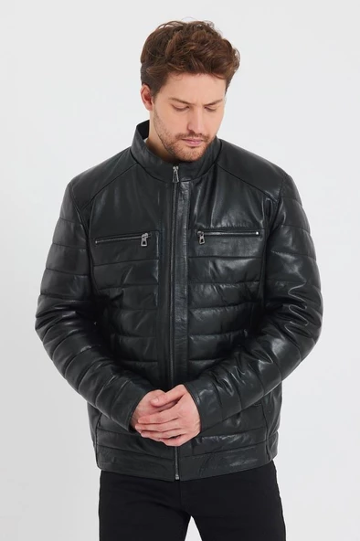 Şişme Model İç Cepli Siyah Renk Erkek Deri Mont - 10