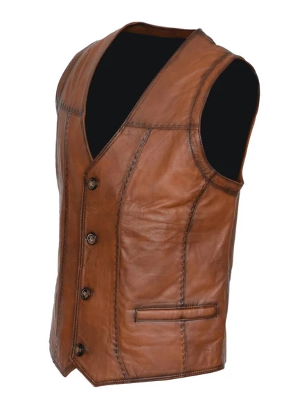 Taba Renk Punto Dikiş Detaylı Spor Deri Yelek - 2