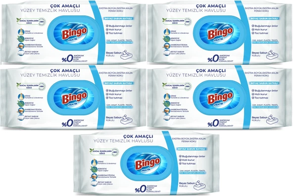 Bingo Clean Yüzey Temizlik Havlusu 96 Yaprak Beyaz Sabun Plastik Kapaklı (5 Li Set) 480 Yaprak