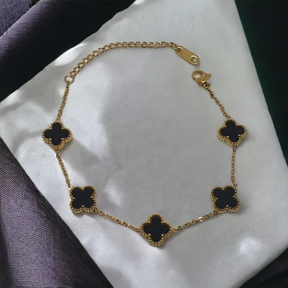 Papatyalı Çelik Bileklik Siyah Desenli - 3