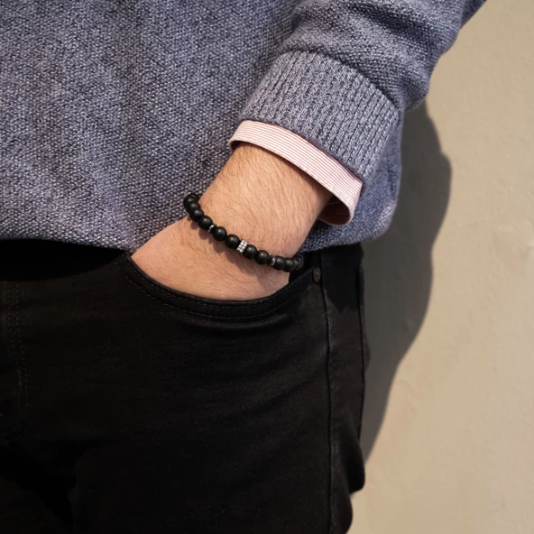 Zirkon Taşlı Oniks Doğal Taş Erkek Bileklik EBLK-477 - Resim 2