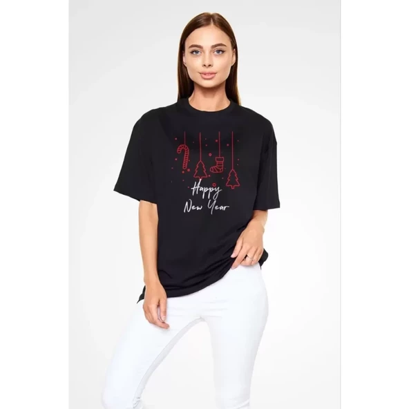 Lucky life Unisex Bisiklet Yaka Baskılı Oversize T-Shirt - Siyah