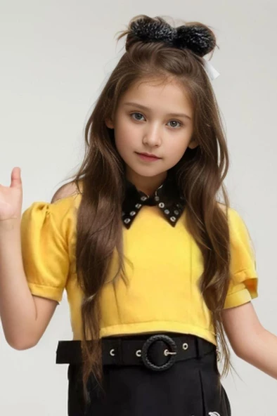 Kız Çocuk Yırtmaç ve Önü Çengel Detaylı Etek Gömlek Yaka Kısa Kollu Sarı Tişört Etekli Takım - Resim 2