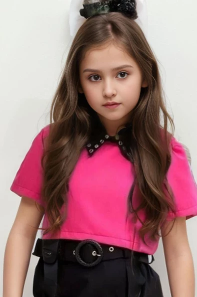 Kız Çocuk Yırtmaç ve Önü Çengel Detaylı Etek Gömlek Yaka Kısa Kollu Fuşya Tişört Etekli Takım - 2