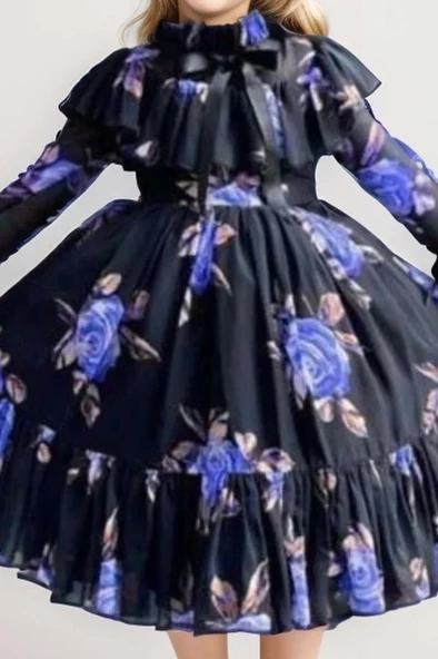 Kız Çocuk Kolları Transparan ve Yakası Fırfırlı Üzeri Çiçek Desenli Piliseli Mor Elbise - Resim 3