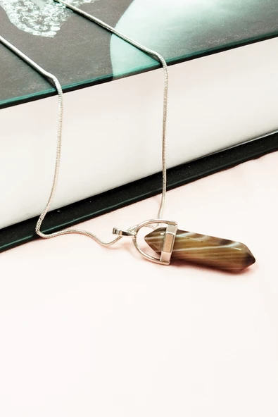 Kahverengi Akik Doğal Taşı Zincirli El Yapımı Tasarımlı Kolye Uç: 3,5 cm Zincir: 20 cm Kutulu - 4