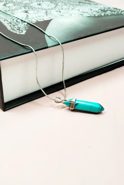 Turkuaz Doğal Taşı Zincirli El Yapımı Tasarımlı Kolye Uç: 3,5 cm Zincir: 20 cm Kutulu - 3