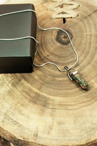 Unakit Doğal Taşı Zincirli El Yapımı Tasarımlı Kolye Uç: 3,5 cm Zincir: 20 cm Kutulu - 3