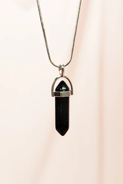 Siyah Yıldız Taşı Doğal Taşı Zincirli El Yapımı Tasarımlı Kolye Uç: 3,5 cm Zincir: 20 cm Kutulu ürün görseli 1