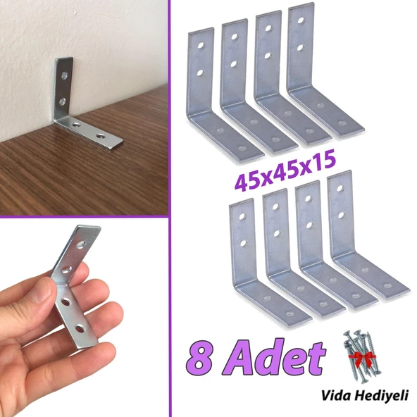 8 Adet Mobilya Eşya Dolap Duvar Sabitleyici Köşe Bağlantı L Demir Gönye Deprem Güvenliği 45x45x15mm