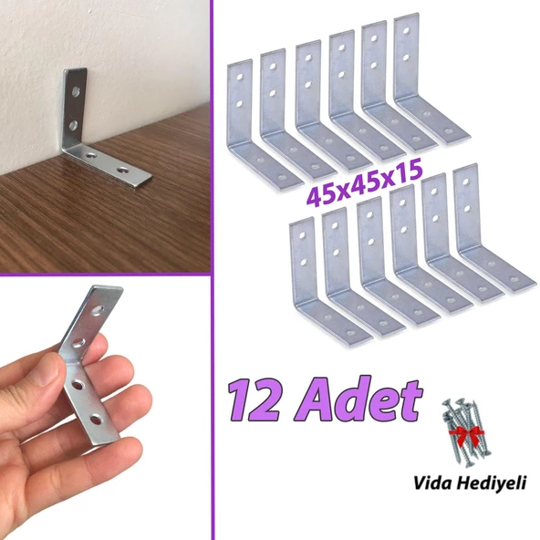 12 Adet Mobilya Eşya Dolap Duvar Sabitleyici Köşe Bağlantı L Demir Gönye Deprem Güvenliği 45x45x15mm ürün görseli 1