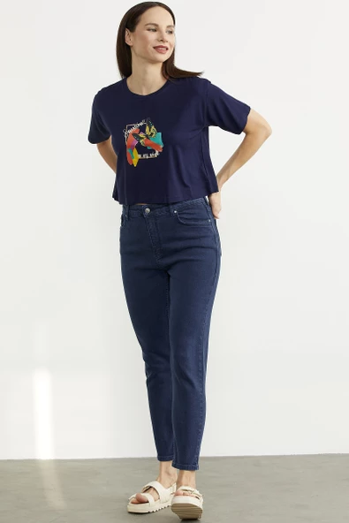 Likralı Fit Mom Jean - Lacivert - 2