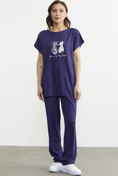 Baskılı Pantolon Bluz Penye Takım - Lacivert - 2
