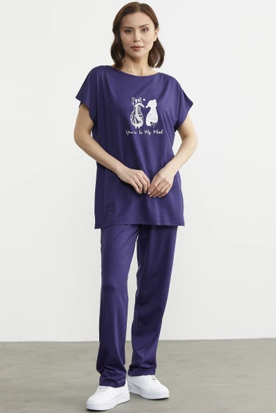 Baskılı Pantolon Bluz Penye Takım - Lacivert - 3