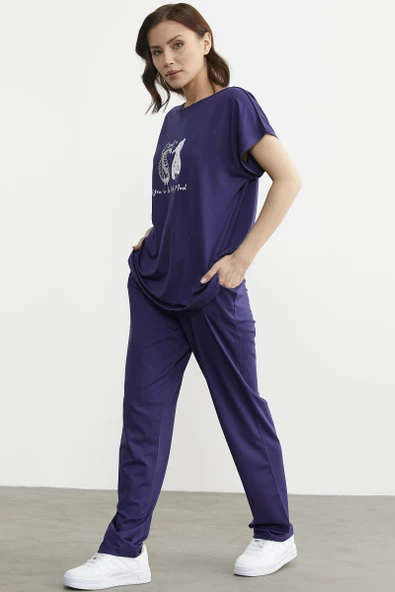 Baskılı Pantolon Bluz Penye Takım - Lacivert - 5