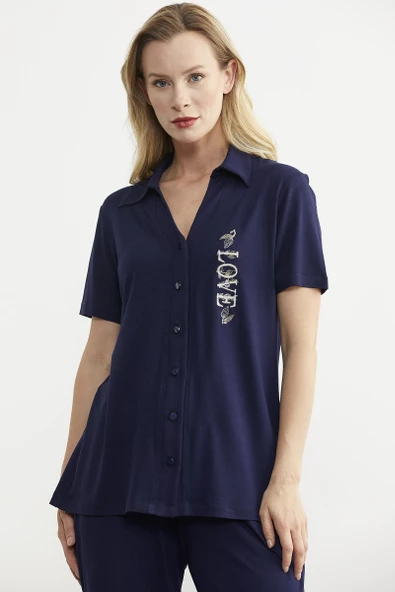 Nakış Detaylı Gömlek Pantolon Takım - Lacivert - 3