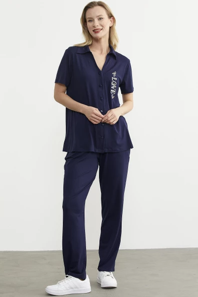 Nakış Detaylı Gömlek Pantolon Takım - Lacivert - 4