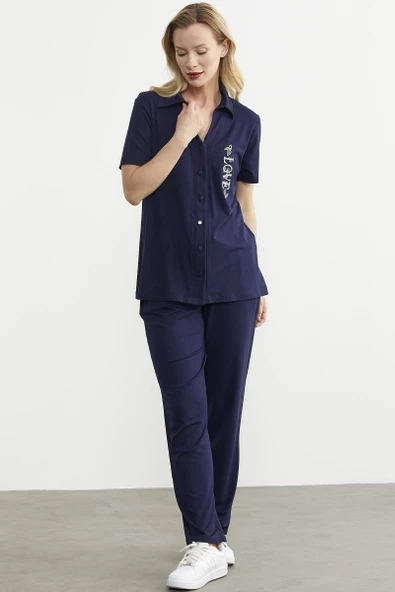 Nakış Detaylı Gömlek Pantolon Takım - Lacivert - 5