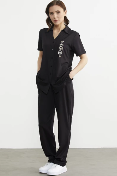 Nakış Detaylı Gömlek Pantolon Takım - Siyah ürün görseli
