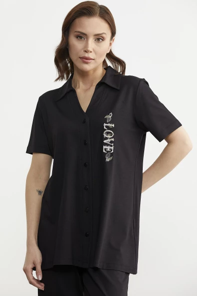 Nakış Detaylı Gömlek Pantolon Takım - Siyah - Resim 4