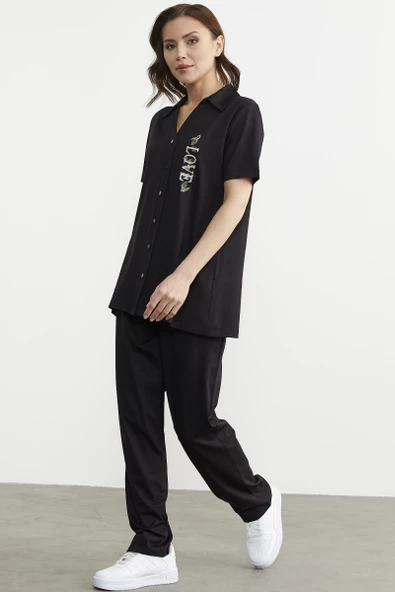 Nakış Detaylı Gömlek Pantolon Takım - Siyah - Resim 3