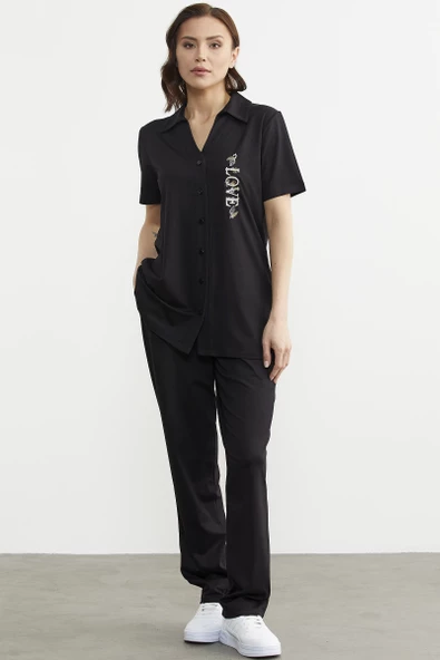 Nakış Detaylı Gömlek Pantolon Takım - Siyah - Resim 2