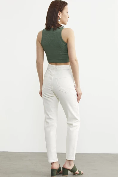 Likralı Fit Mom Jean - Ekru - 5