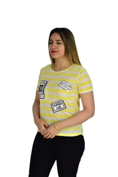 Kadın Çizğili Baskılı Tişört BGL1497 - Resim 4