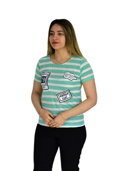 Kadın Çizğili Baskılı Tişört BGL1497 - Resim 5