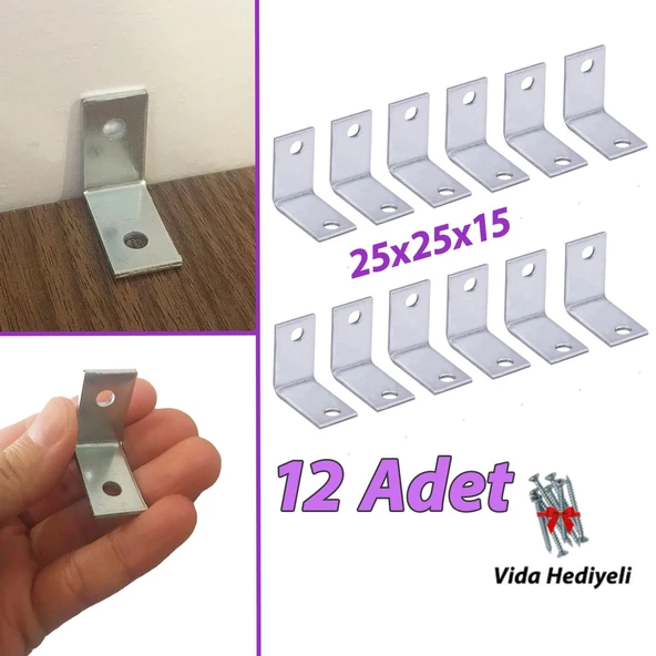 12 Adet Mobilya Eşya Dolap Duvar Sabitleyici Köşe Bağlantı L Demir Gönye Deprem Güvenliği 25x25x15mm