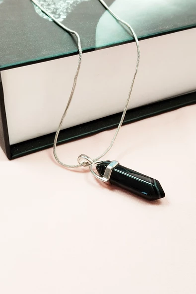 Obsidyen Doğal Taşı Zincirli El Yapımı Tasarımlı Kolye Uç: 3,5 cm Zincir: 20 cm Kutulu - 3