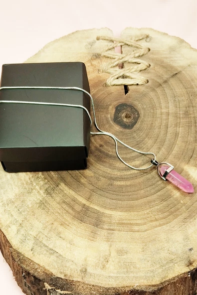 Pembe Kuvars Doğal Taşı Zincirli El Yapımı Tasarımlı Kolye Uç: 3,5 cm Zincir: 20 cm Kutulu - 3