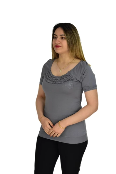 Kadın Kelebek Nakışlı Tişört BRG32895 - Resim 6