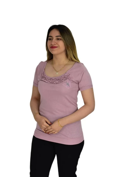 Kadın Kelebek Nakışlı Tişört BRG32895 - Resim 7
