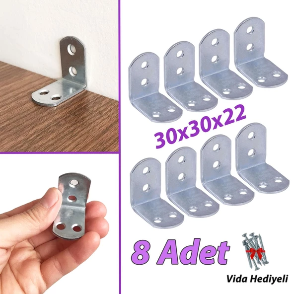 8 Adet Mobilya Eşya Dolap Duvar Sabitleyici Köşe Bağlantı L Demir Gönye Deprem Güvenliği 30x30x22mm