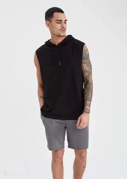 Unisex Kapşonlu Kolsuz Düz Oversize T-shirt - Siyah - 1
