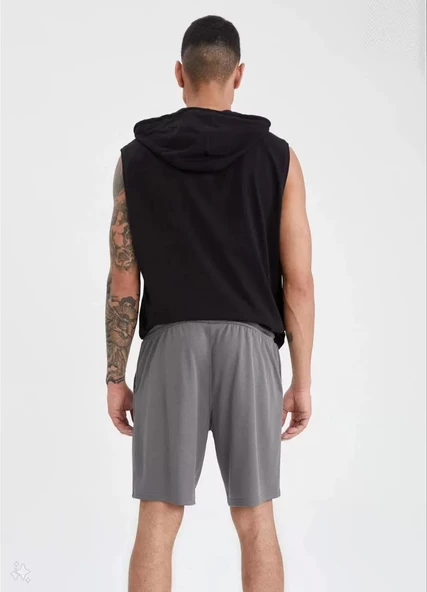 Unisex Kapşonlu Kolsuz Düz Oversize T-shirt - Siyah - 3