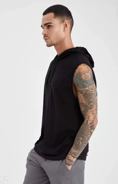 Unisex Kapşonlu Kolsuz Düz Oversize T-shirt - Siyah - 2
