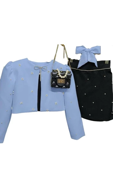 Kız Çocuk Üzeri Taş İşlemeli Etek Askılı Penye Bluz ve Mavi Blazer Ceket Etekli Takım - Resim 4