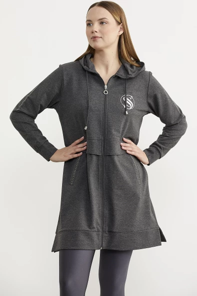 Taş Detaylı Kapüşonlu Tunik Sweatshirt - Antrasit - 2