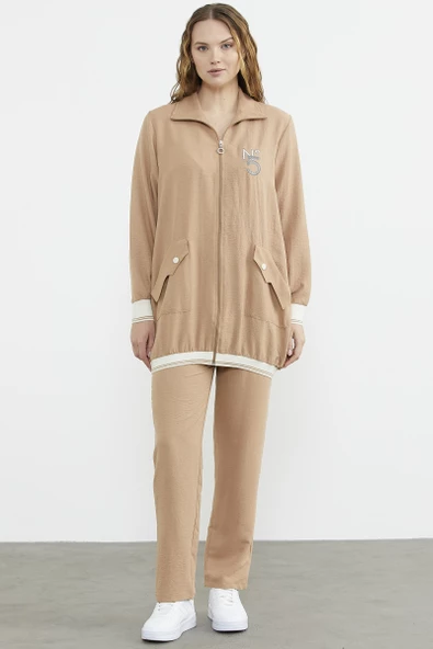 Şal Yaka Fermuarlı Krep Takım - Kamel ürün görseli