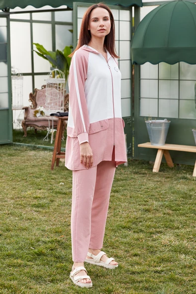 Fermuarlı Tunik Krep Takım - Pembe - Resim 2