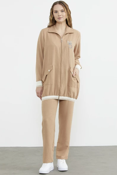 Şal Yaka Fermuarlı Krep Takım - Kamel - Resim 2