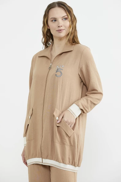 Şal Yaka Fermuarlı Krep Takım - Kamel - Resim 3