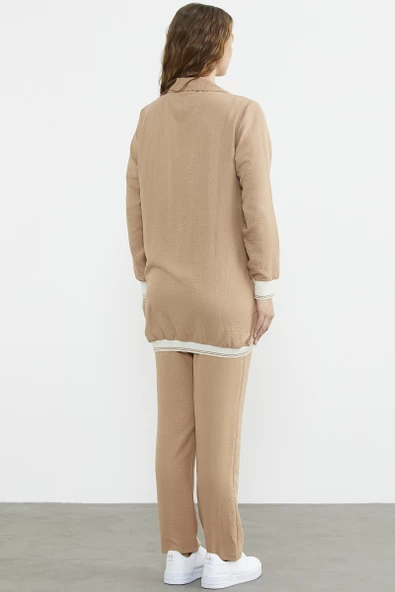 Şal Yaka Fermuarlı Krep Takım - Kamel - Resim 7