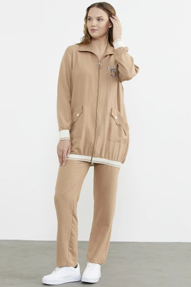 Şal Yaka Fermuarlı Krep Takım - Kamel - Resim 5