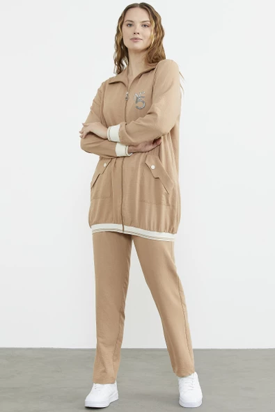 Şal Yaka Fermuarlı Krep Takım - Kamel - Resim 6