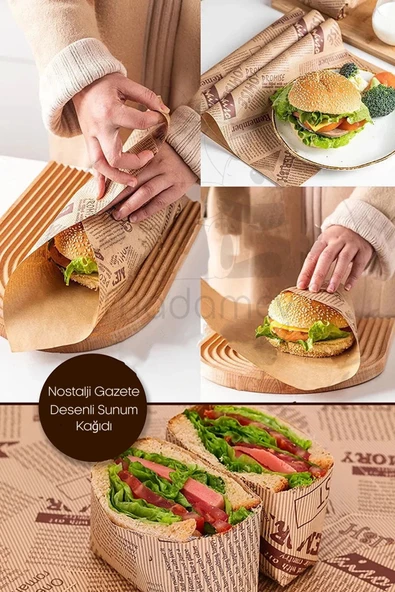200lü Breakfast Desenli Yağlı Kağıt Vintage Gazete Desen Aparatif Kağıdı Mutfak Servis Sunum Kağıdı - 2