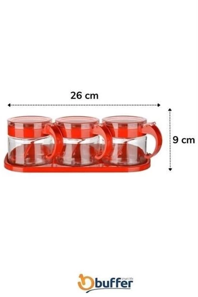 MLN Moda  Kırmızı 3lü Standlı Kapaklı Kaşıklı Cam Hava Sızdırmaz Baharatlık Takımı  KC-386